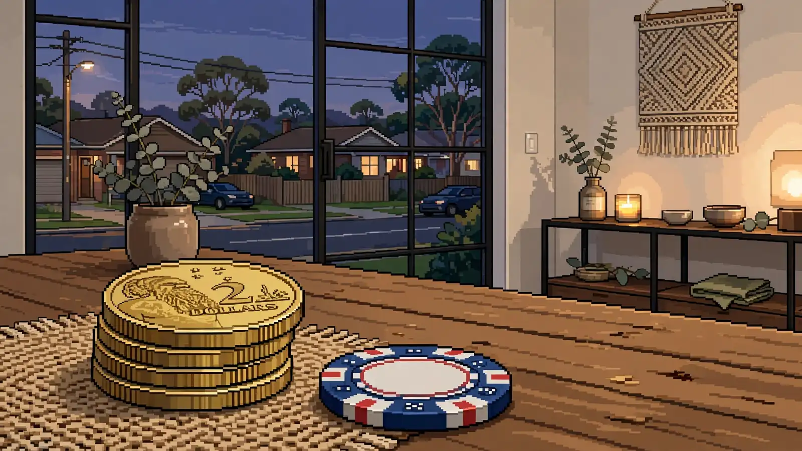 Australian two-dollar coins next to a poker chip on a table.