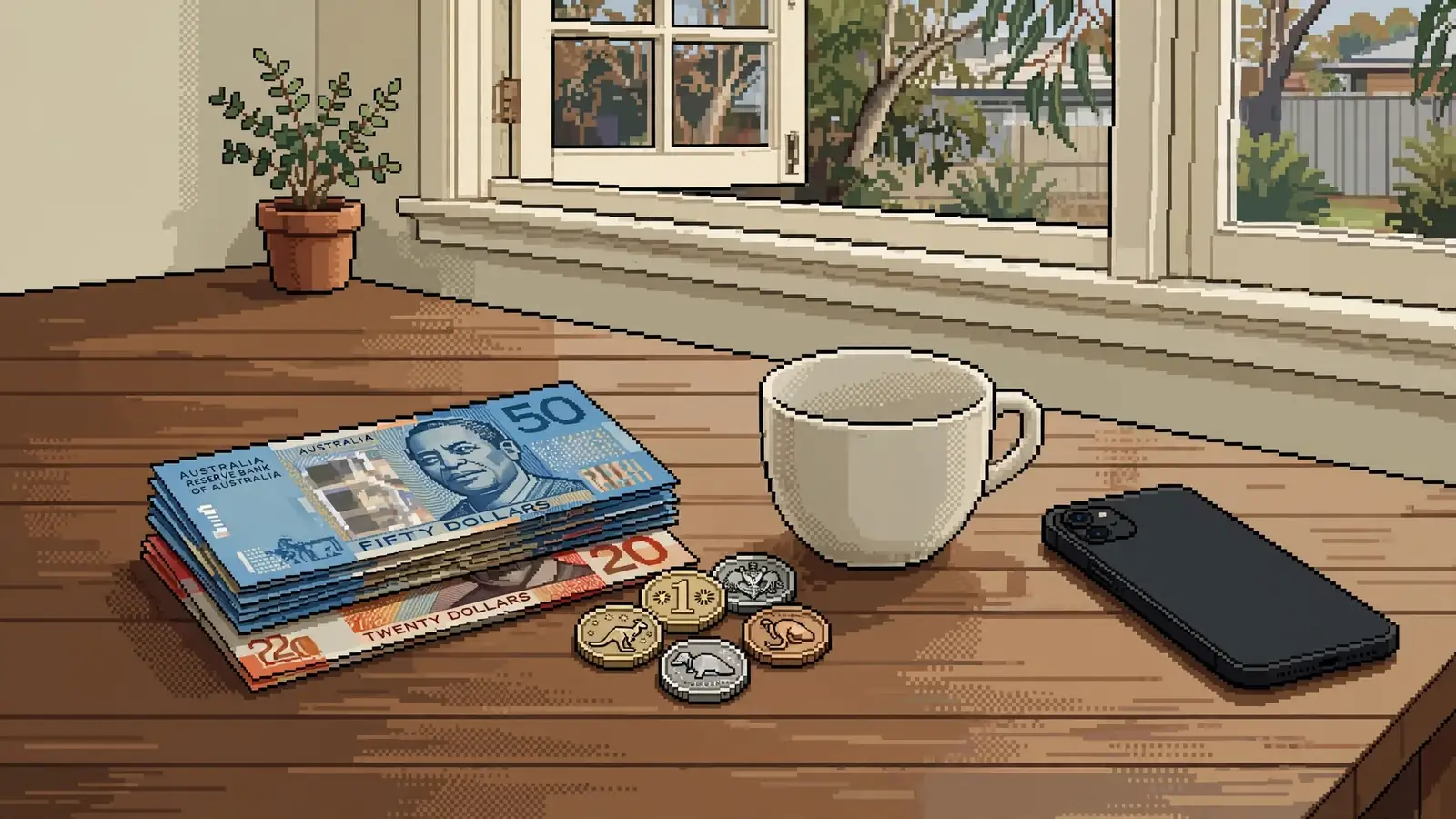 Small amount of Australian money on a table beside a phone and coffee cup.