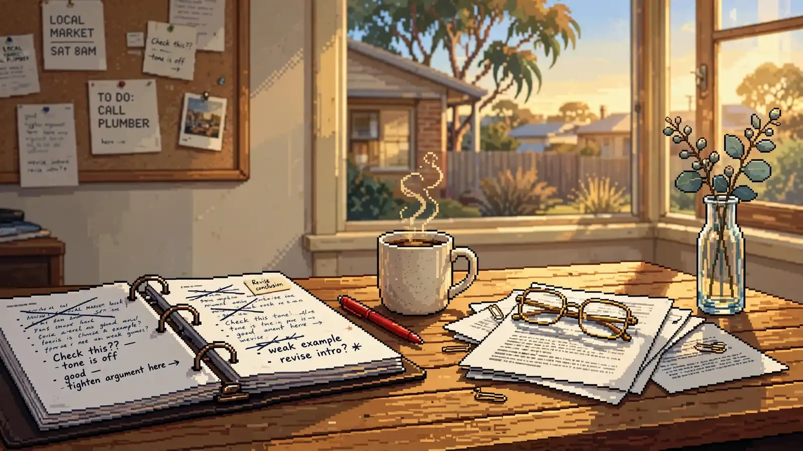 Sunlit Australian home office desk with handwritten review notes, red pen, coffee mug, reading glasses, and eucalyptus.