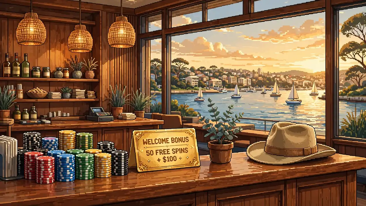 Australian-themed casino lounge with chips, welcome bonus card, and Sydney skyline view