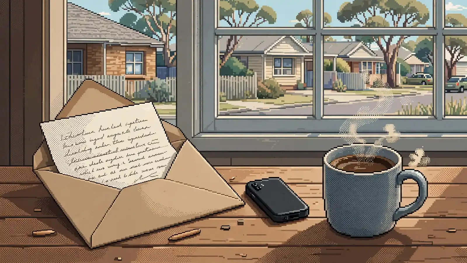 Open envelope with letter and phone on desk by window.