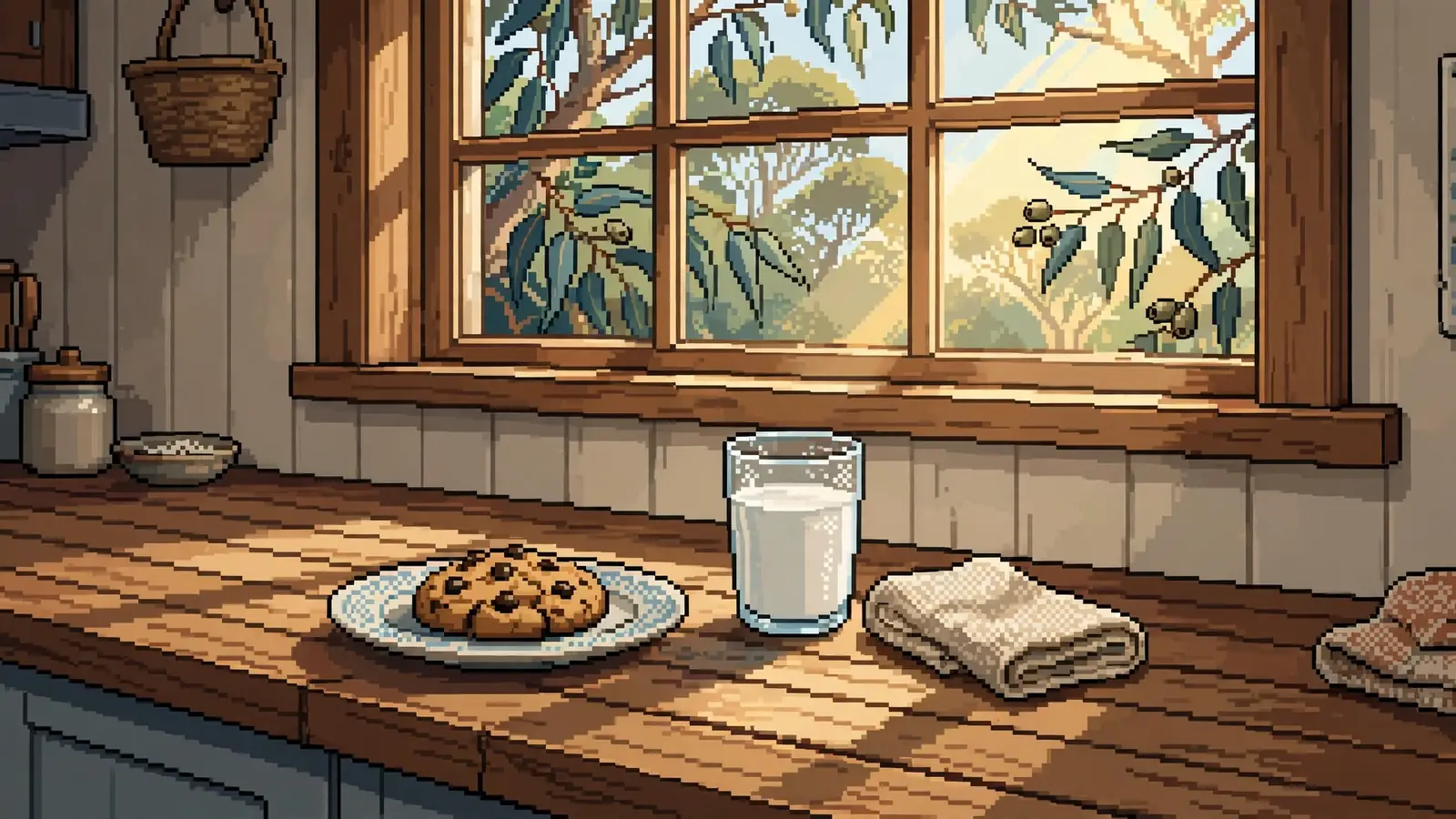 Chocolate chip cookie on a plate in a sunlit Australian kitchen