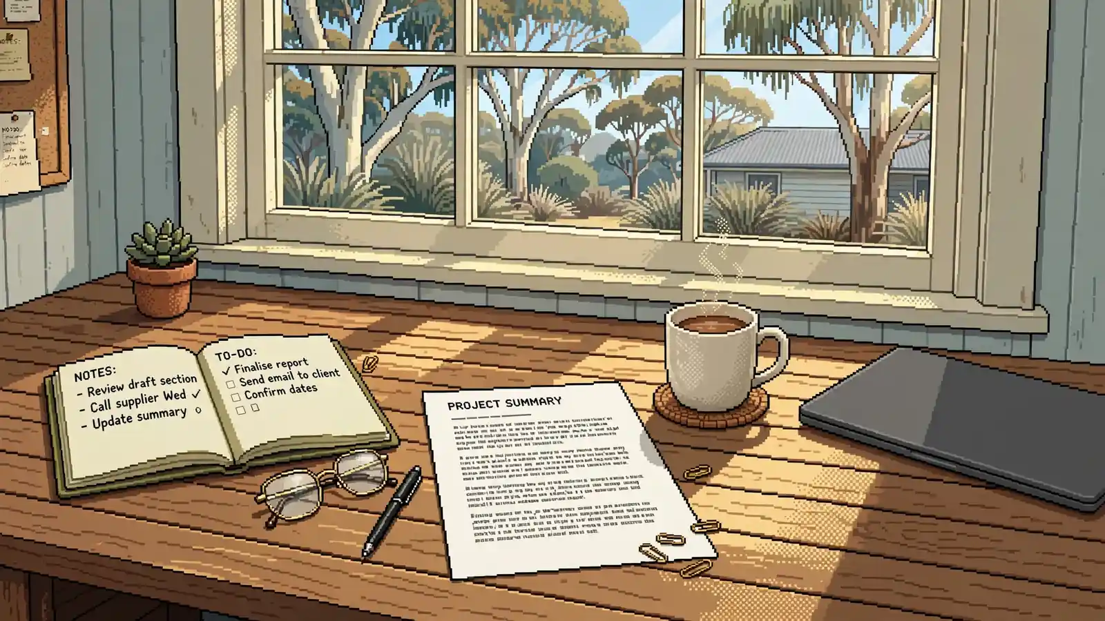 Wooden desk with reading glasses, notebook, and printed document in a bright Australian home office.