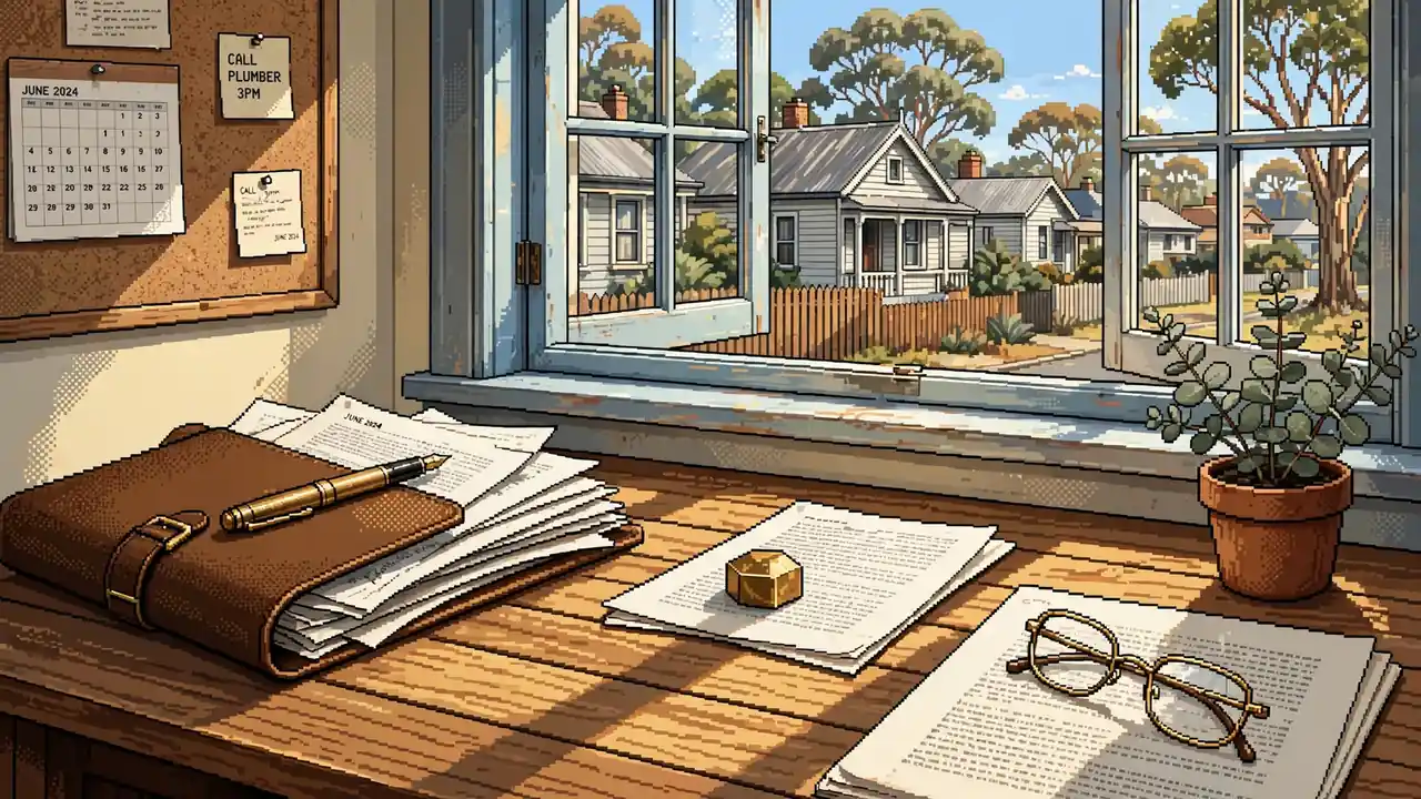 Wooden desk with printed documents, pen, reading glasses and a eucalyptus sprig in warm afternoon light.
