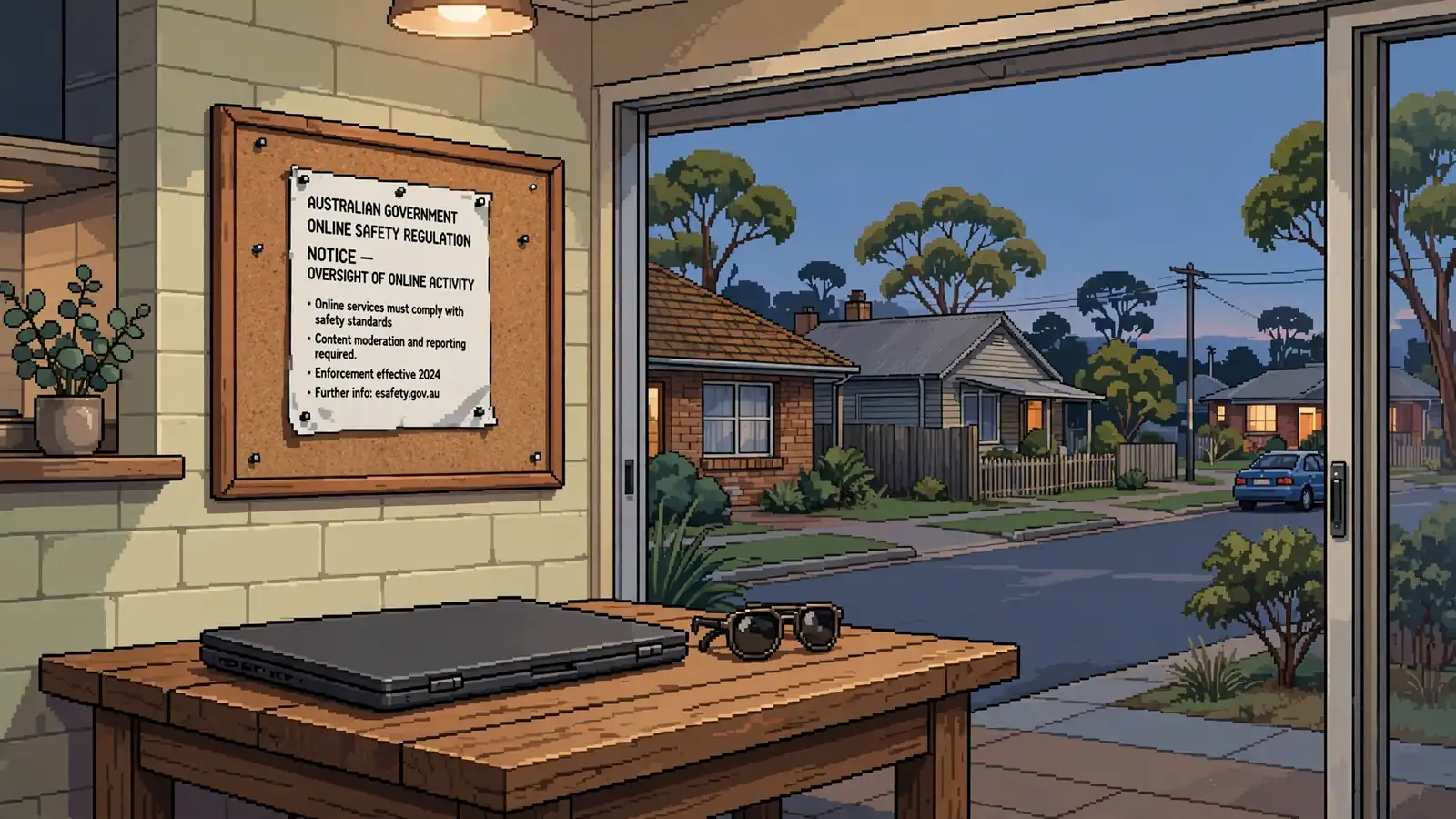 Closed laptop on a kitchen table beside a corkboard with an official notice