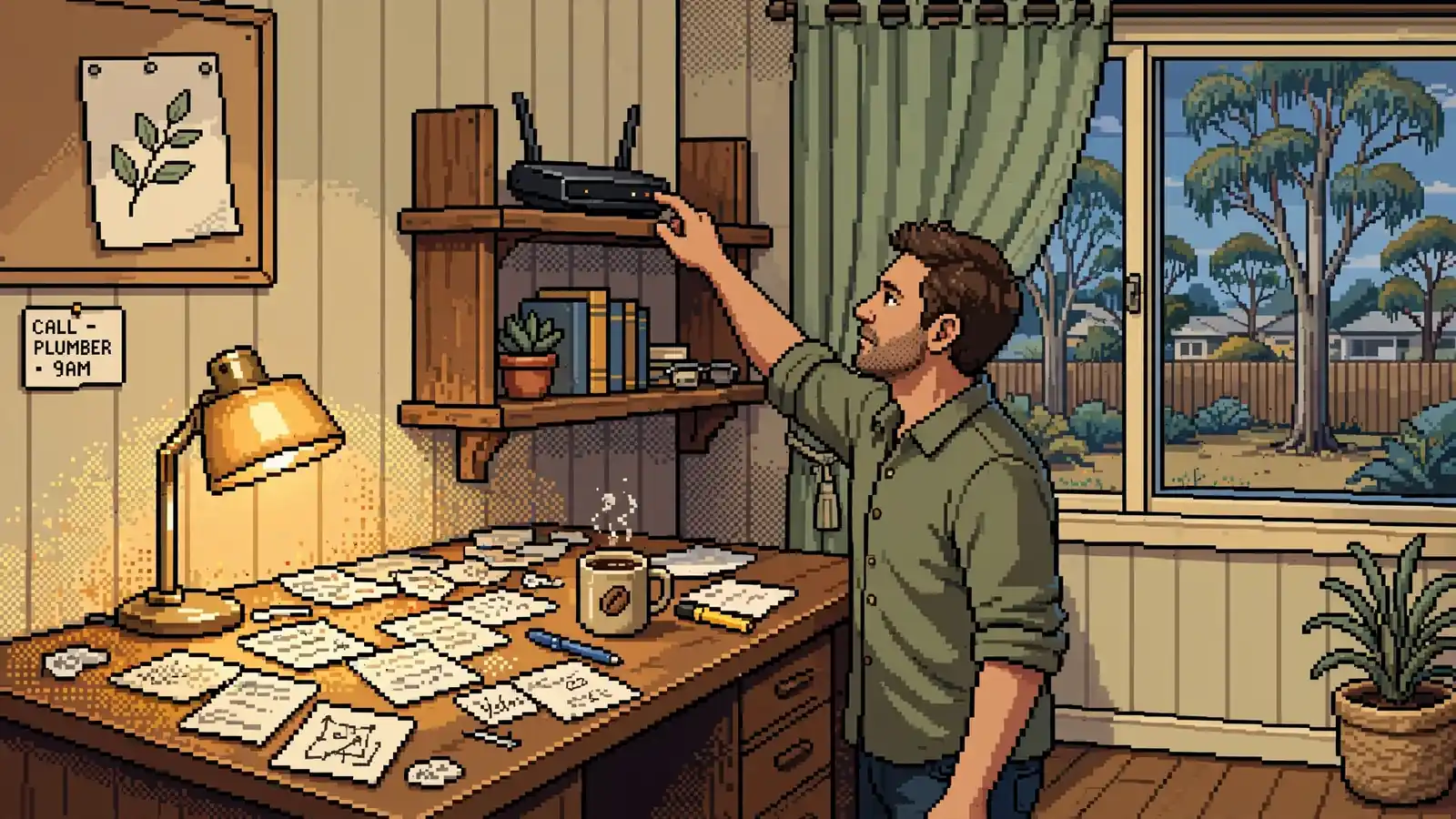 Person switching off a home Wi-Fi router in a suburban Australian study