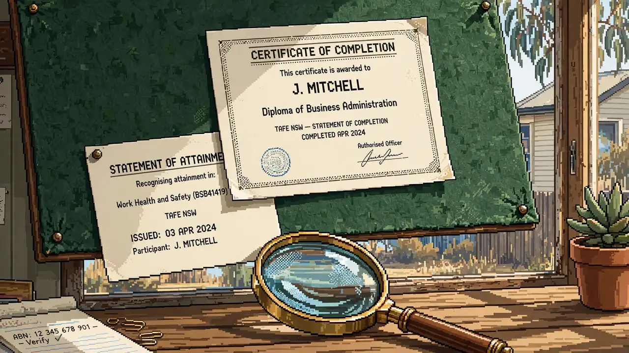 Two overlapping certificate papers under a magnifying glass on a desk