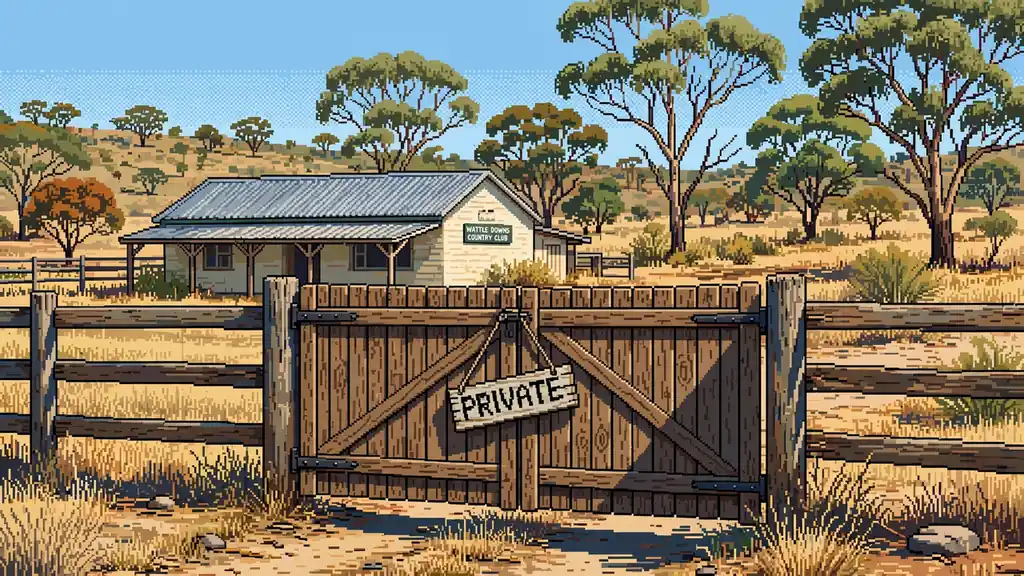 Closed wooden gate with a private sign outside an Australian club