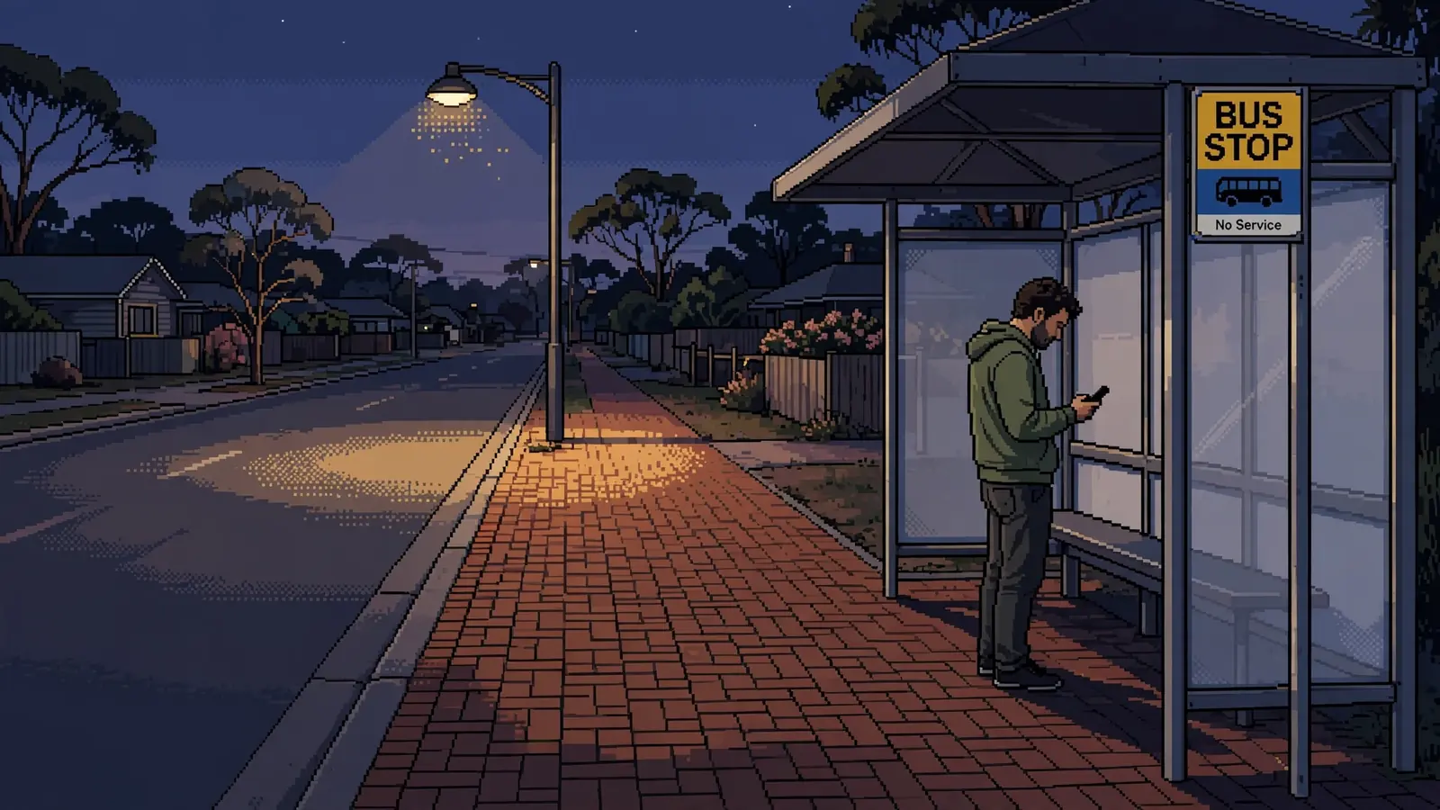 Person waiting alone at an Australian bus stop at twilight with phone off