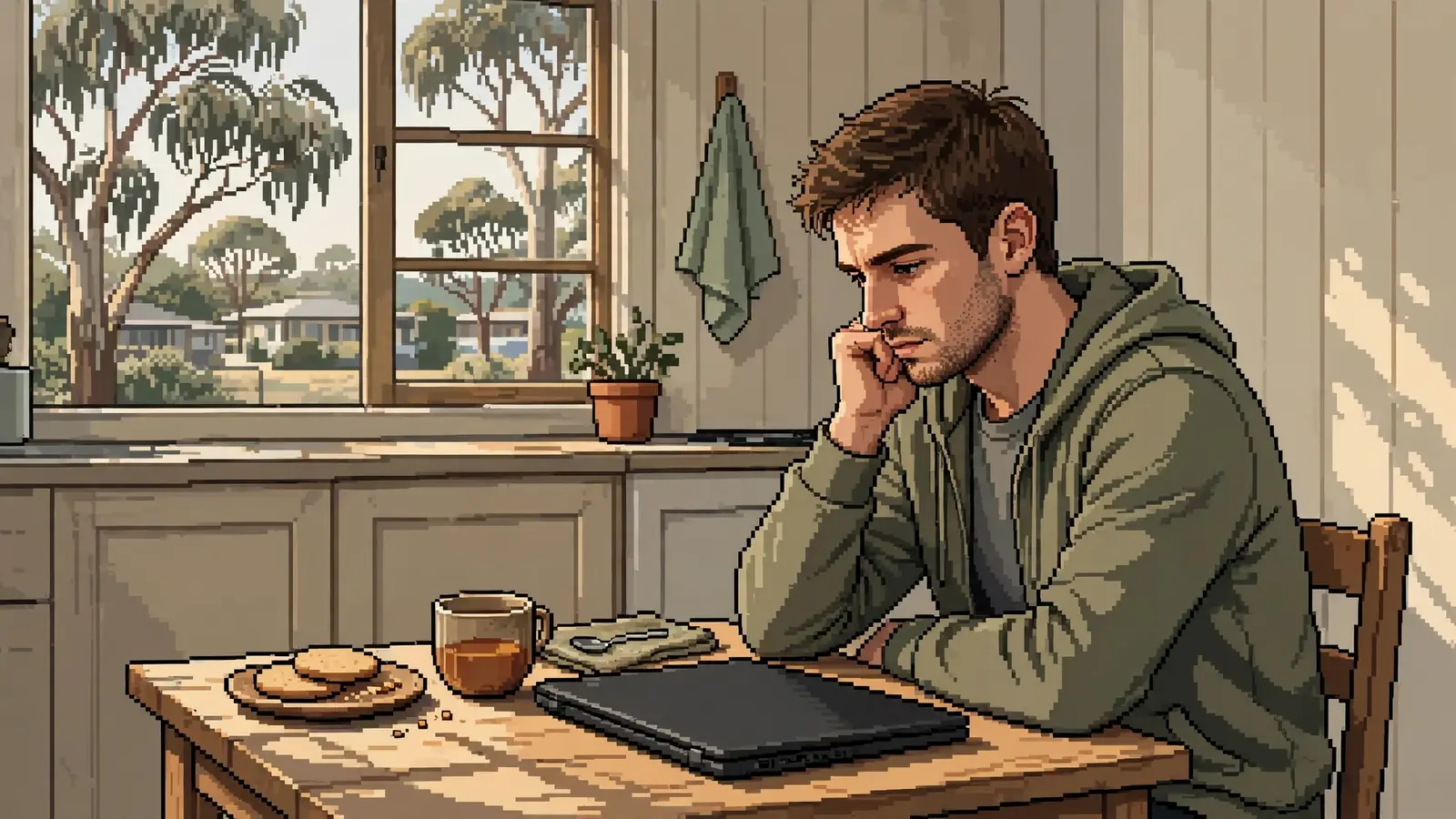 Man at kitchen table pausing to reflect, closed laptop and tea, Australian suburban morning