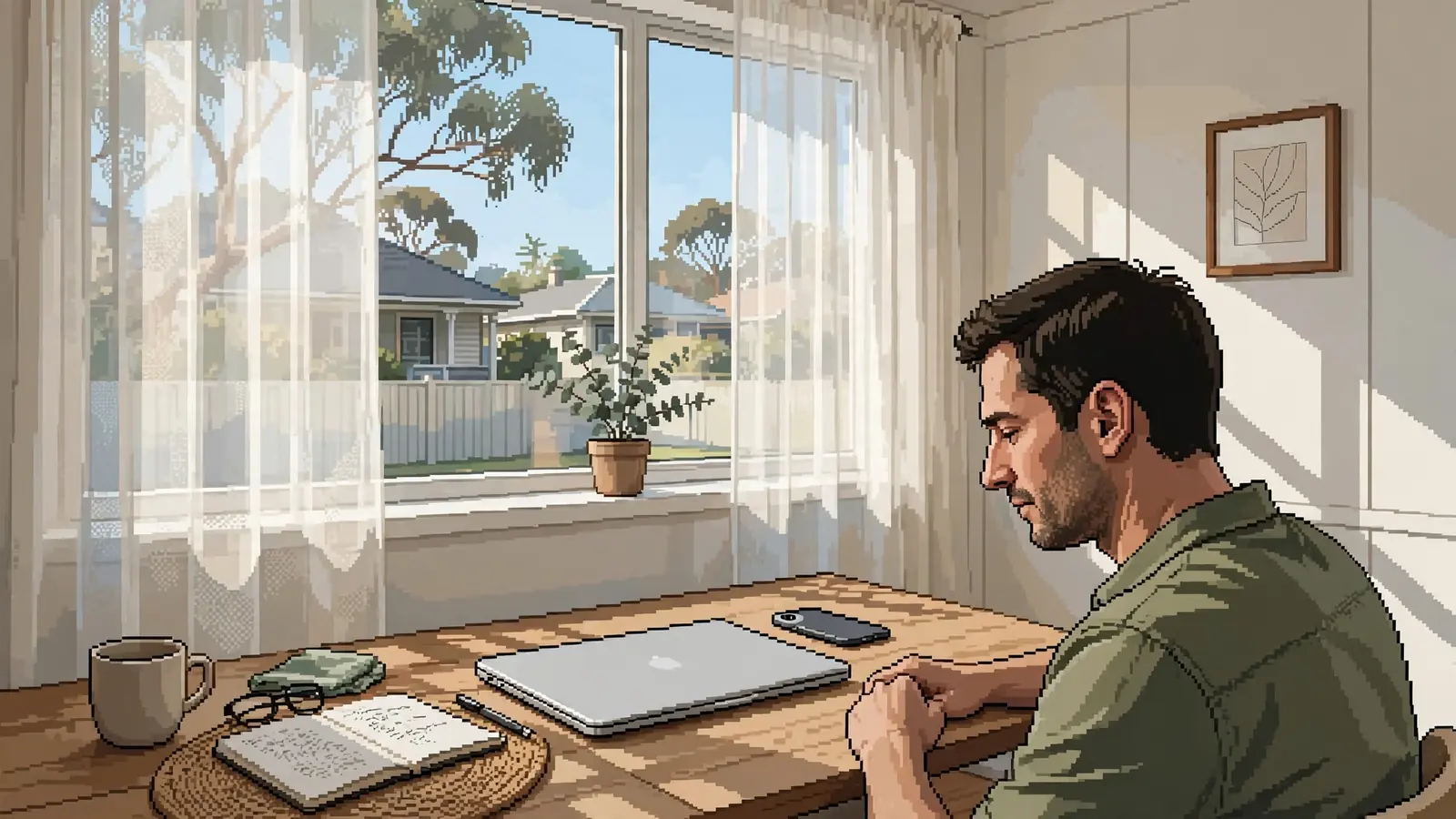 Person at home desk with closed laptop and face-down phone, suggesting data privacy awareness.