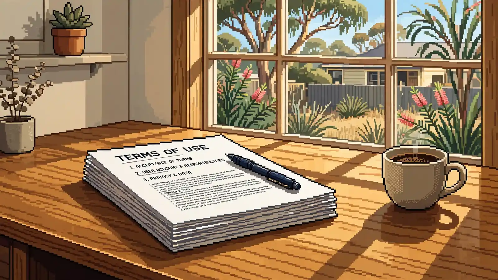Printed Terms of Use pages on a desk with a pen and coffee mug.